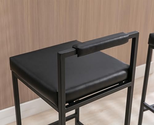 Miniatura 4 de Black Modern - Juego de 2 taburetes de bar de piel sintética, tapizados, cuadrados altos, taburete de bar industrial con respaldopatas de metal para