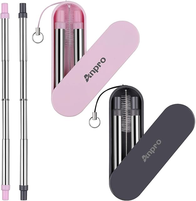Anpro Collapsible Reusable Straws Metal - Stainless Steel Drinking Straws, Portable Telescopic Straw with Case & Key chain & Cleaner Brush, 2 Pack
