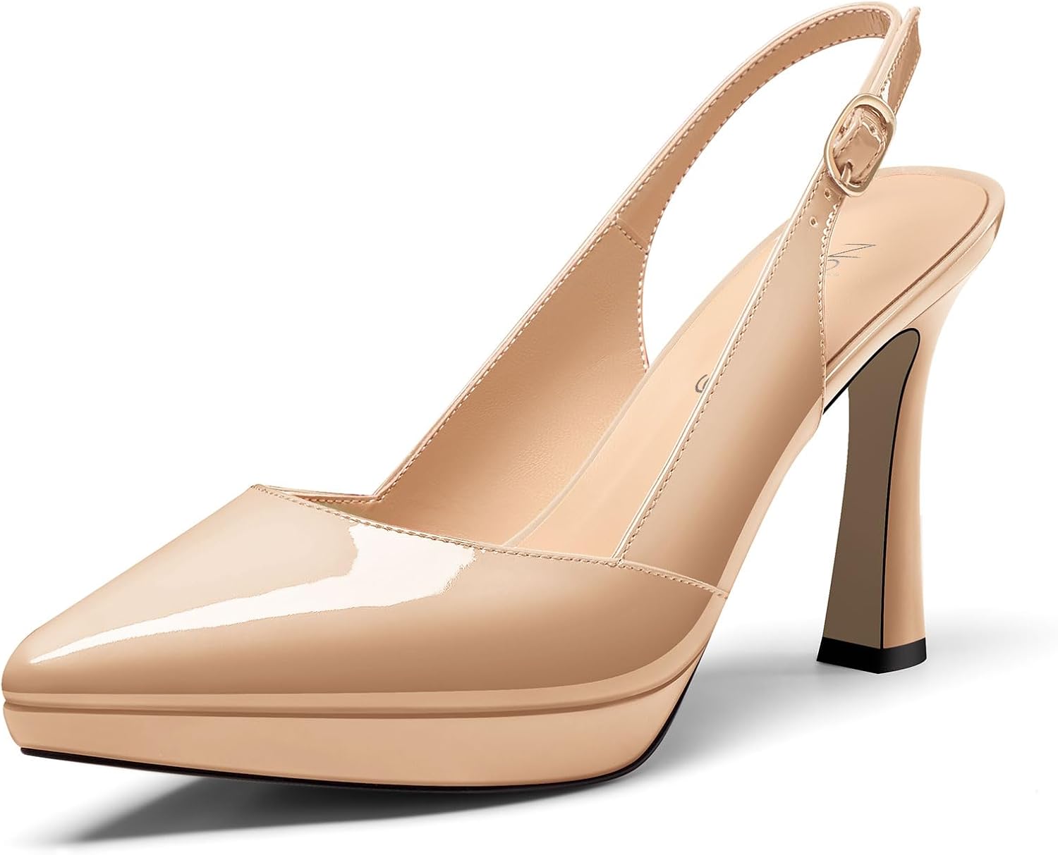 NobleOnly Womens Stiletto High Heel Pointed Toe Slingback Platform Pumps Slip-on Buckle Casual Patent Leather Dress Shoes 3.9 Inches Heels