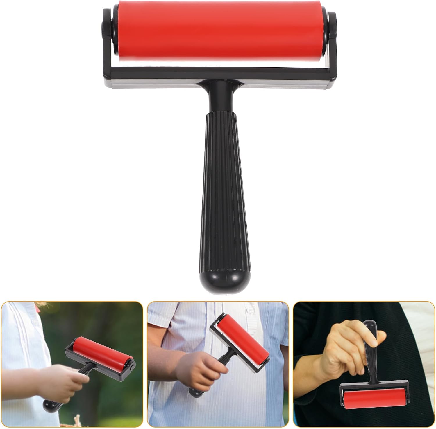 FUOYLOO Red Rubber Roller for Printmaking with Smooth Flat Cylinder Comfortable Detachable Handle Ink Applicator Tool for Stamping and Graphic Art Projects
