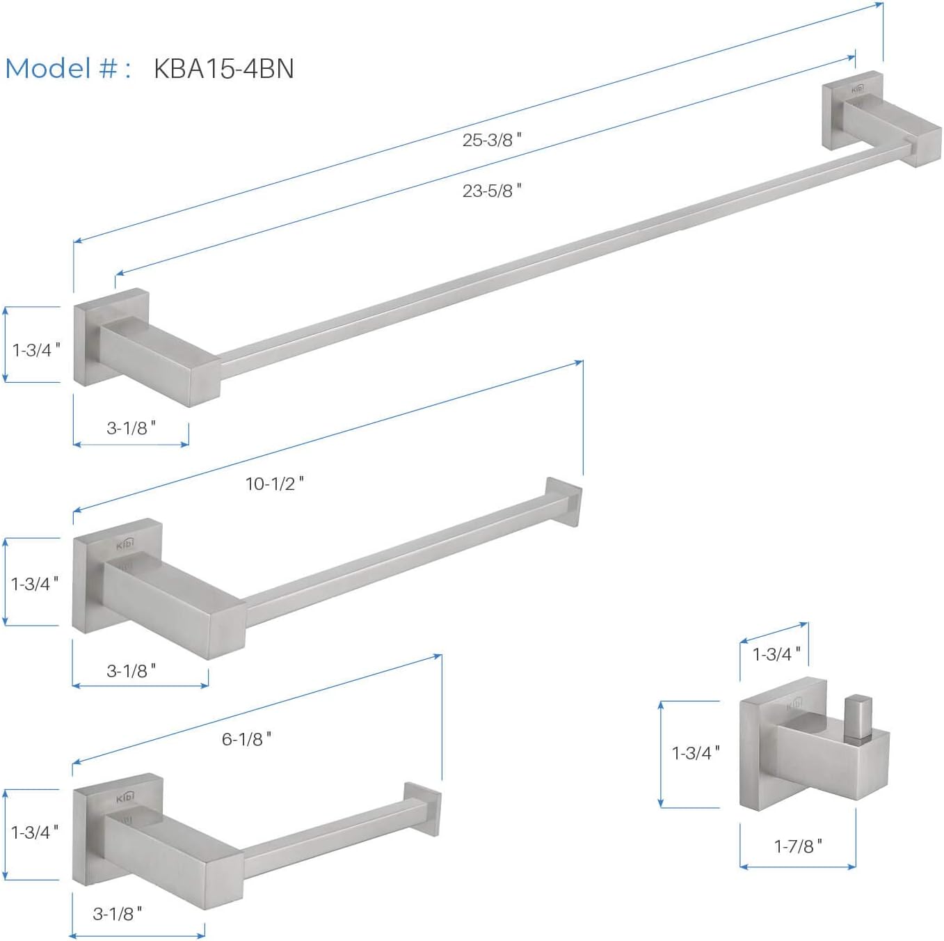 KIBI Cube 4-Piece Brushed Nickel Bathroom Hardware Set | Solid Brass Wall Mount Tissue Paper Holder and Towel Ring Set | Includes Towel Bar, Towel Ring, Toilet Paper Holder, and Robe Hook (C-KBA15-4)