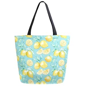 Chic Extra Large Shoulder Grocery Tote Bag Stylish Fresh Lemons Cut Fruits Floral Pattern Canvas Reusable Handle Bags