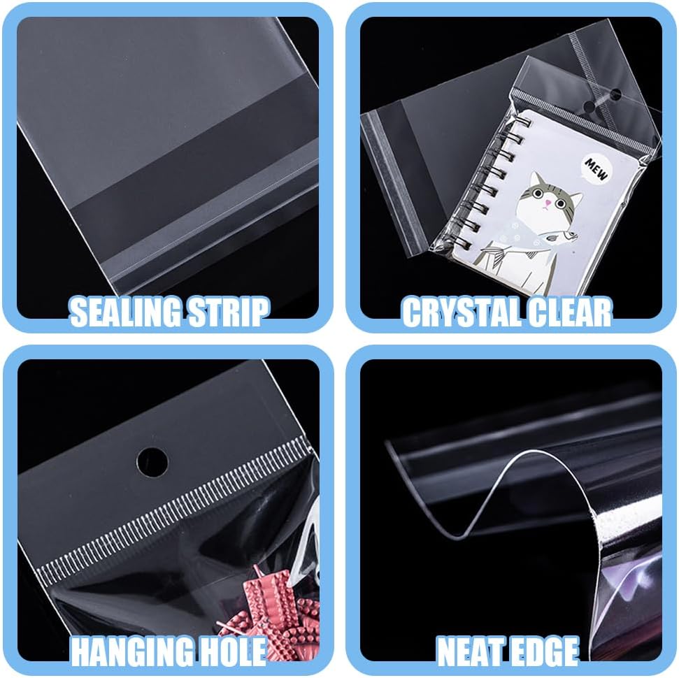 FDKYOEK 200PCS 3 x 5 Inches Self Sealing Cellophane Bags with Hanging Hole, Clear Cellophane Bag for Jewelry Earrings Necklace Bracelets, Resealable Transparent Cello Bags for Packaging