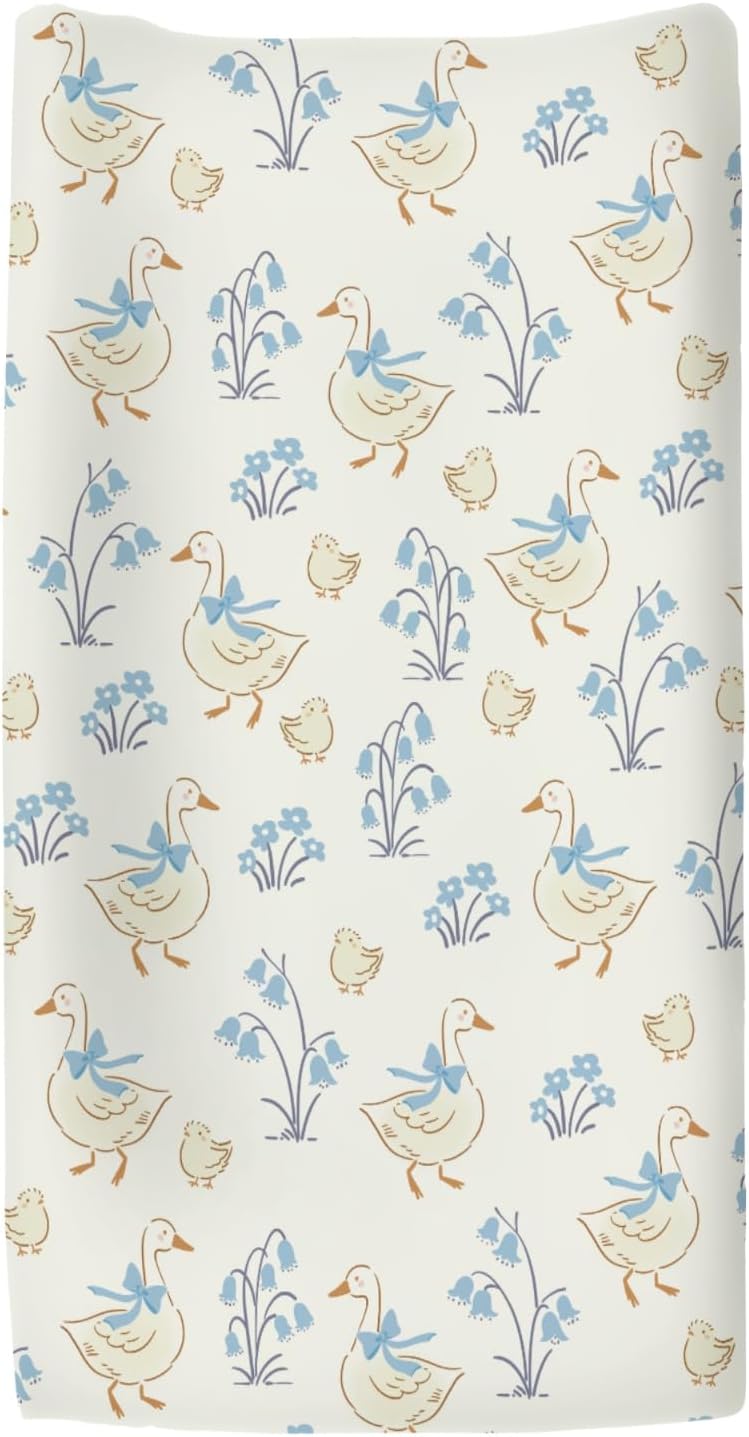 Vintage Geese Boho Flowers Bows Changing Pad Covers for Baby Girls Boys Spring Ducks Blue Floral Fitted Change Table Covers Mats Pastel Farm Animal Soft Diaper Change Table Sheets 32''×16''