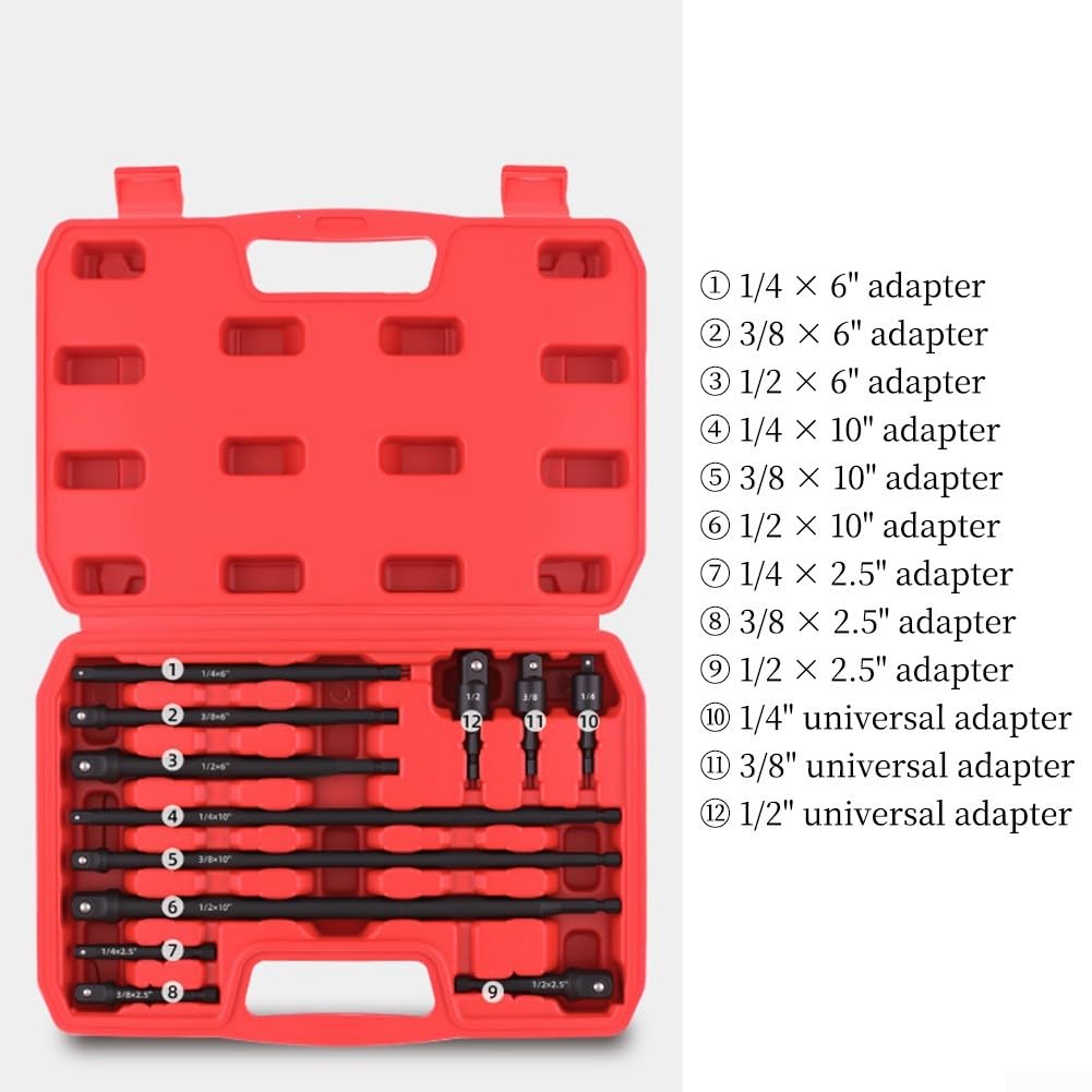 Lot de 12 adaptateurs de douille à tige hexagonale avec barres d'extension de 1/4 3/8 1/2 tailles d'entraînement pour des changements de douilles efficaces sur divers outils