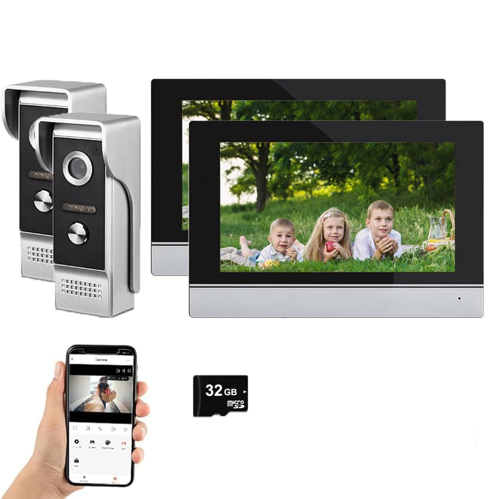 ANJIELO SMART Wired Video Intercom System,WiFi 1080P 7 Inch Color Touch Monitor,Video Intercom System Doorbell Camera with Motion Detection,Anti-Tamper Alarm,Night Vision (2 Doorbell+2 Monitor)