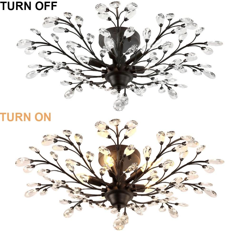 Crystal Branches Chandeliers 5 Light, Black Vintage Ceiling Light Fixtures Flush Mount Modern LED Pendant Lighting for Kitchen Bedroom Living Room Dining Room Hallway, E12 Bulb, 30”Dia