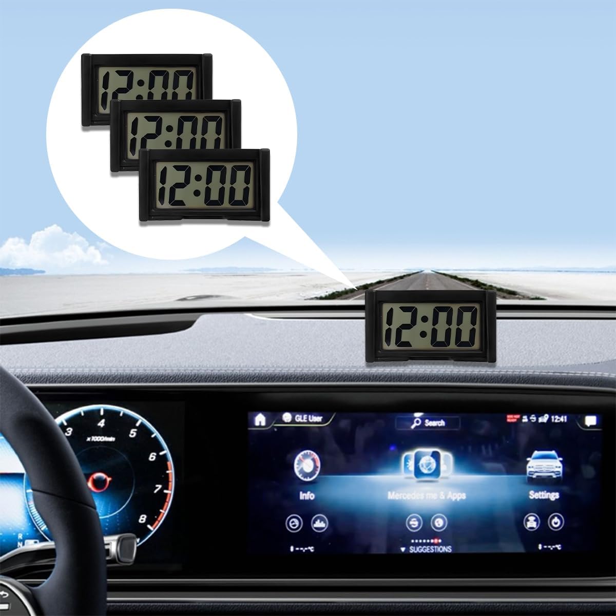 3PCS Mini Car Dashboard Digital Clocks, Small Self-Adhesive Bracket Vehicle Air Vent Electronic Watch with Clear LCD Screen Time & Day Display, Automotive Clock, Universal Fit (Black)