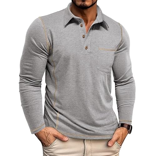 Volemo Mens Long Sleeve Polo Shirts Casual Cotton Polo T-Shirts with Pocket Golf Tops Grey L