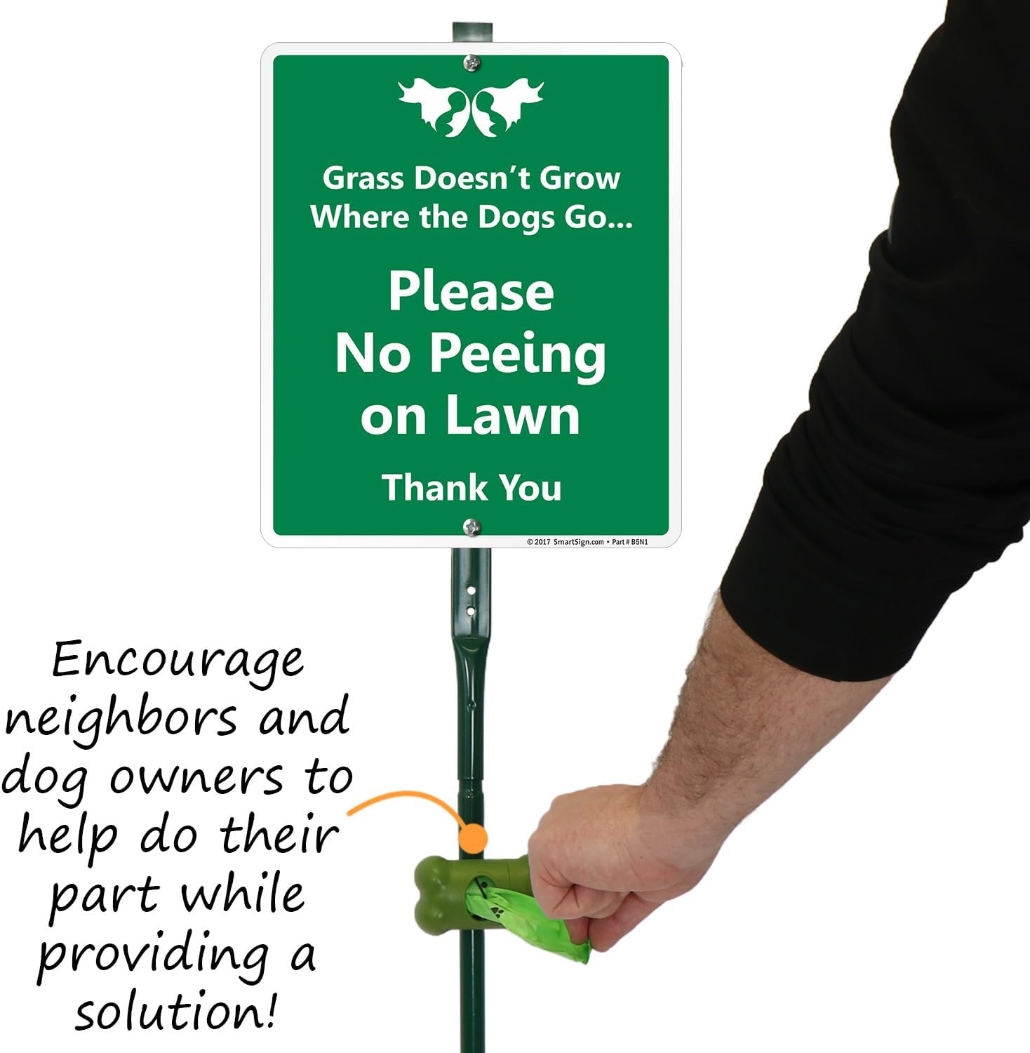 SmartSign Please No Peeing On Lawn/Grass Yard Sign & Clip-On Preloaded Dispenser Combo/Kit with 135 Dog Poop Waste Bags, 10"x12" Rust-proof Aluminum Sign with 3ft Steel Stake