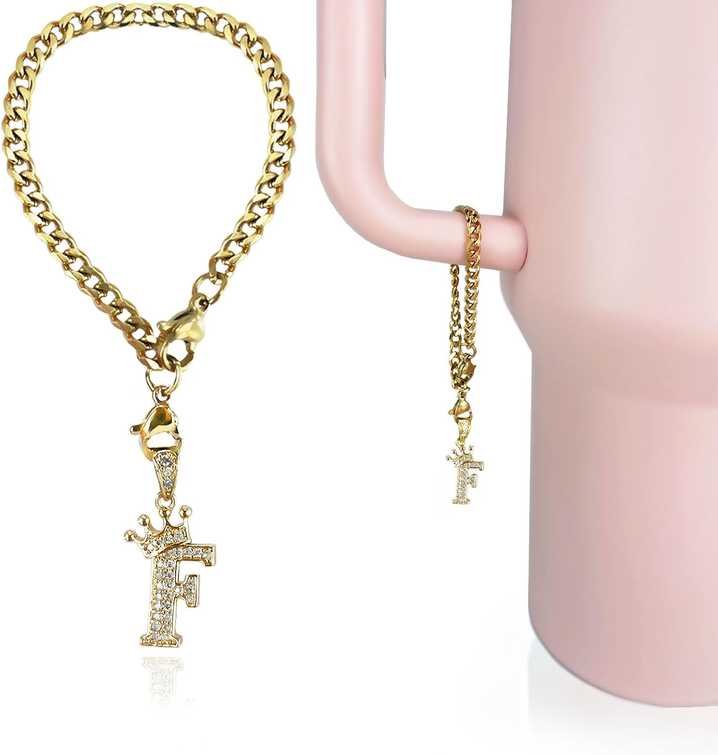 Cup Charms for Stanley Handle- Crown Letter Charms Accessories for Stanley Handle 40 Oz Tumblers Gold Initial Keychain Water Bottle Cup with Diamond Glitter Jewelry Personalized Decorations F