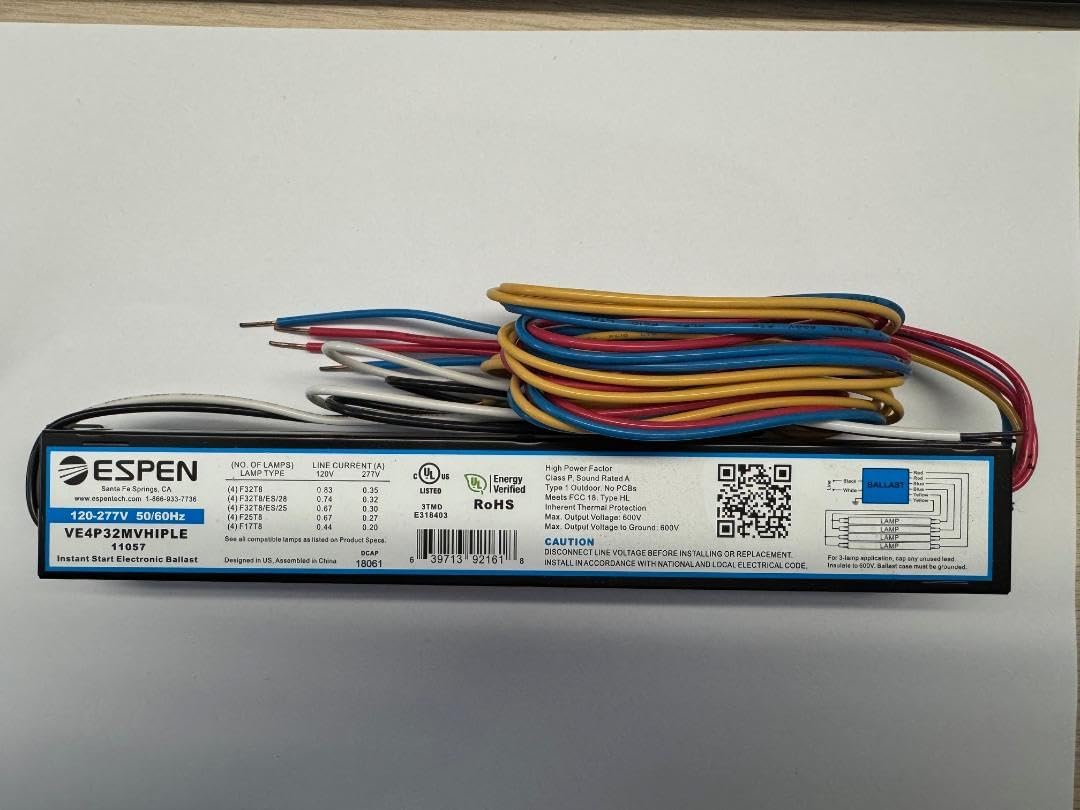 10 Pieces ESPEN VE4P32MVHIPLE 11057 120-277 Volt Low Power Factor Instant Start Electronic Ballast for 4 Lamp (4) F32T8 (4) F32T8/S/28 (4) F32T8/S/25 (4) F25T8 (4) F17T8