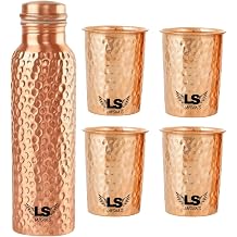 Aakrati Pure Copper Water Bottle with 4 Hammered Copper Glasses | Leak-Proof Cap | Ayurvedic Healthy Drinking Set for Home & Office
