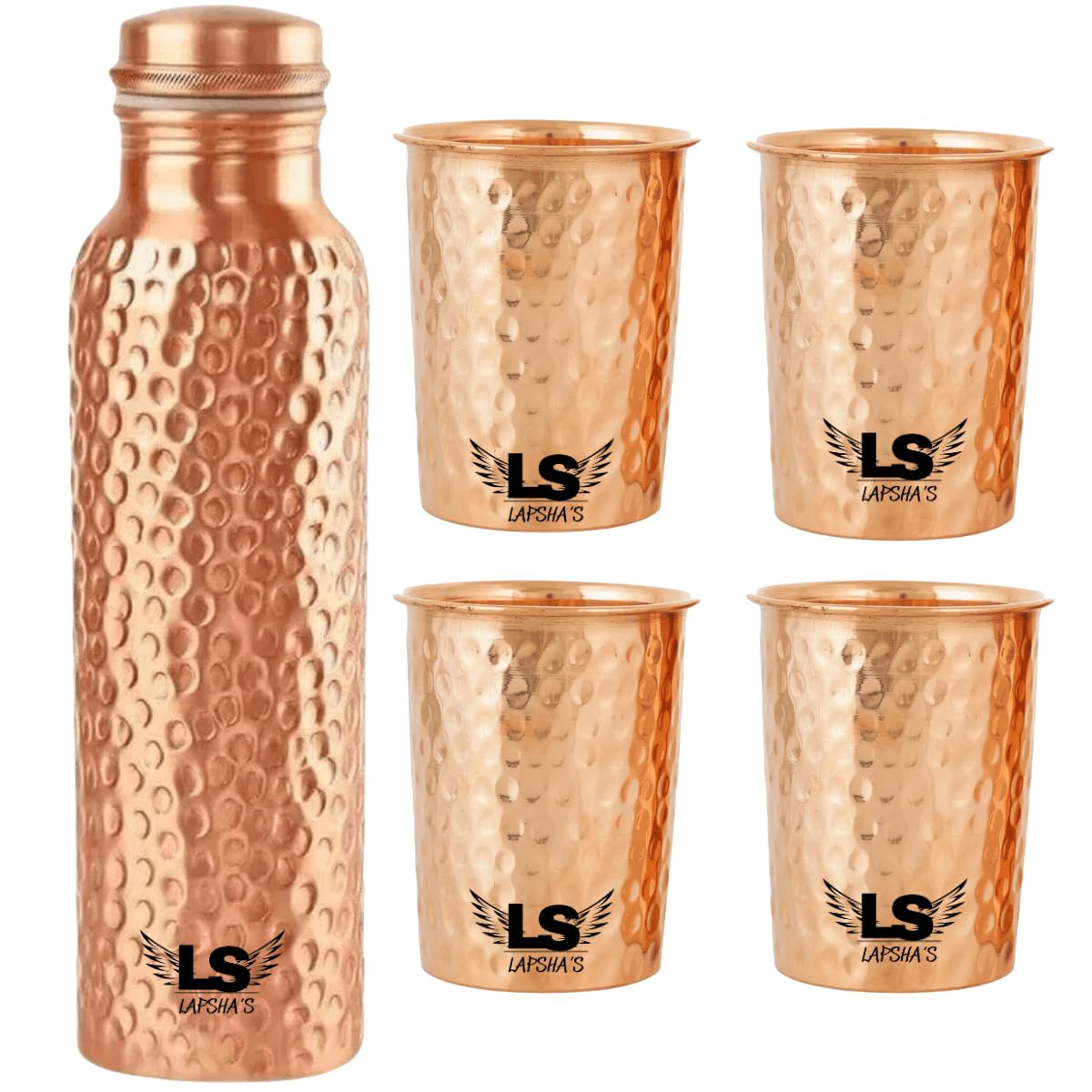 Royal Kurta Pure Copper Water Bottle with 4 Hammered Copper Glasses | Leak-Proof Cap | Ayurvedic Healthy Drinking Set for Home & Office