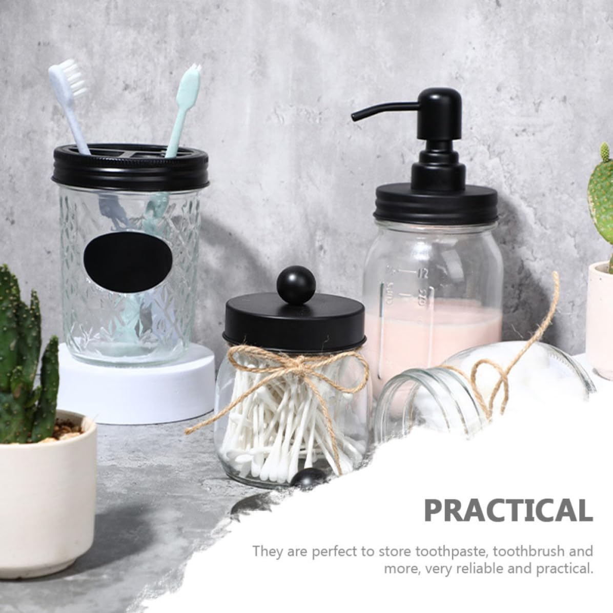 1satz Glas mit Lotionflasche Wattebehälter und Zahnbürstenbecher Praktisches Badzubehör Schwarzer Deckel Robust Kompakt für Persönliche Hygiene