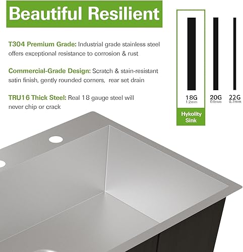 Miniatura 4 de hykolity Fregadero de cocina de 33 pulgadas, fregadero de cocina de acero inoxidable de 2 agujeros con colador y rejilla inferior, 33 x 22 x 9