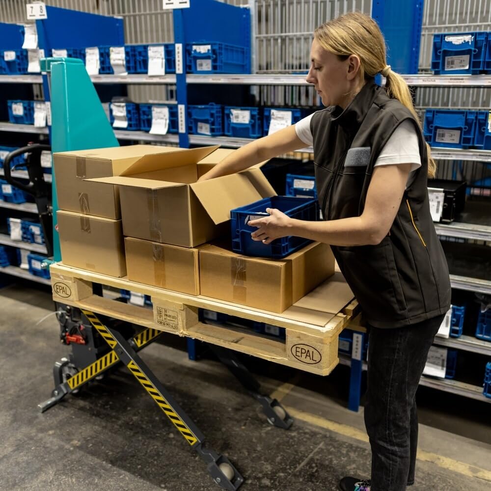 Ameise Scherenhubwagen PTM elektrohydraulisch | 1.000 kg Tragkraft | 85-800 mm Hubbereich | 1.170 mm Gabellänge | Lenkrad aus robustem Polyurethan | Nylon Einfach-Gabelrollen | Hubtisch