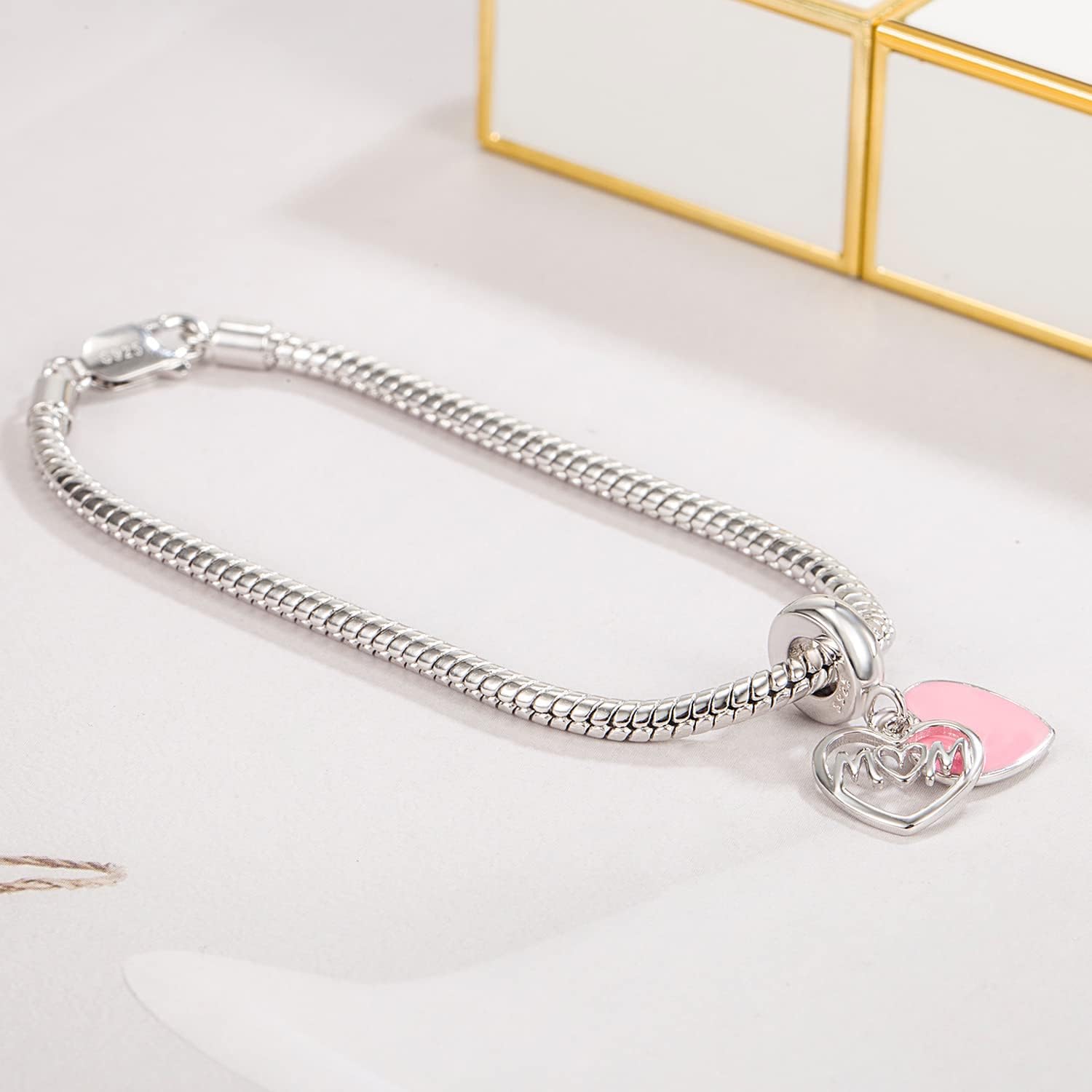 Dankadi 925 Sterling Silver Bracelet Women Lobster Clasp Snake Chain Pink Heart Bangle 6.3 "6.7" 7 "7.5" 8 "8.5" 9" Charm Jewelry Gift For Wife Her - Image 5