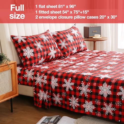 Image of JSD Red Buffalo Plaid Snowflakes Christmas Sheet Set Full Size | 4 Piece Soft Microfiber Sheets, 16 in Extra Deep Pocket, OEKO-TEX Certified, Easy Care