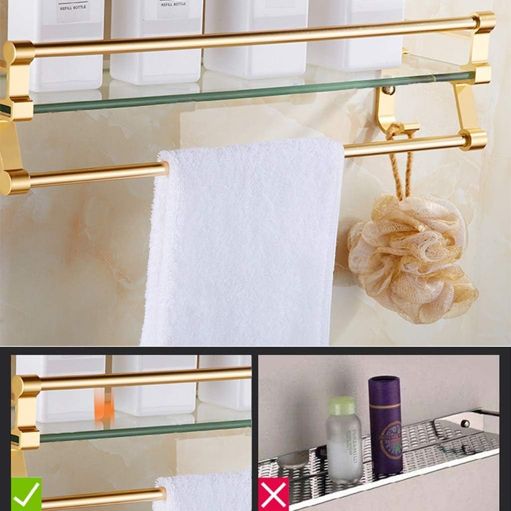 Tempered Glass Shelf Bathroom Shelves Wall Mounted, Stainless Steel Chrome Finished with 2 Hooks (Color : Gold, Size : 50cm) (Gold 60cm)