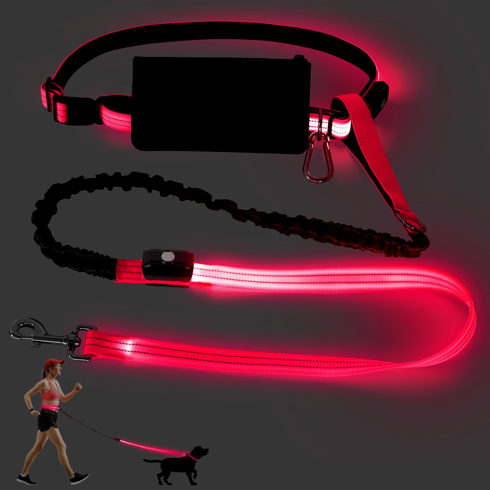 Laisse mains libres à LED pour chien, laisse de taille pour promener le chien, laisse élastique rétractable, laisse de course sans mains à DEL, laisse de course réfléchissante pour jogging,