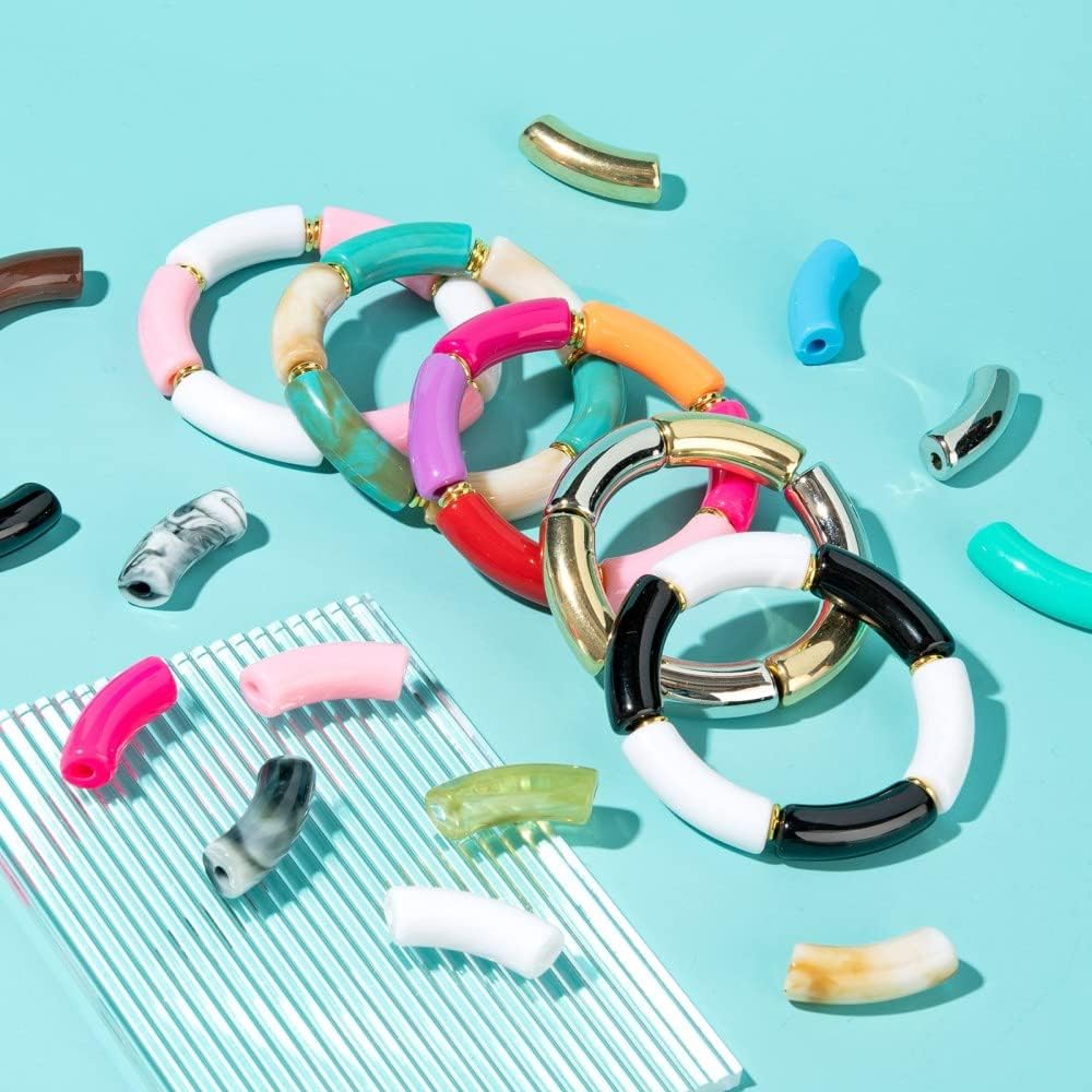 72pcs Colorful Bamboo Curved Noodle Tube Beads Imitation Gemstone Style Acrylic Chunky Tube Beads 35-36x13.5-14mm for DIY Summer Bamboo Tube Bangles Stacking Bracelets