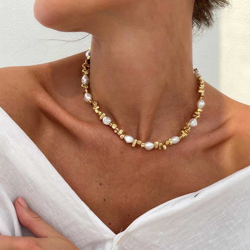 Dainty Gold Pearl Statement Collarbone Necklace for Women,Vintage White Baroque Pearl Beaded Choker,Personalized Trendy Jewelry Accessories Gifts - Image 4