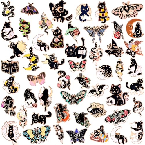 Ceenna 100 Pcs Black Enamel Pins Bulk Gothic Cat Butterfly Snake Crow Witch Brooches Spooky Horror Halloween Lapel Pins for Backpack Bags Clothes Vintage Cute Kawaii Funny Emo Gift Women