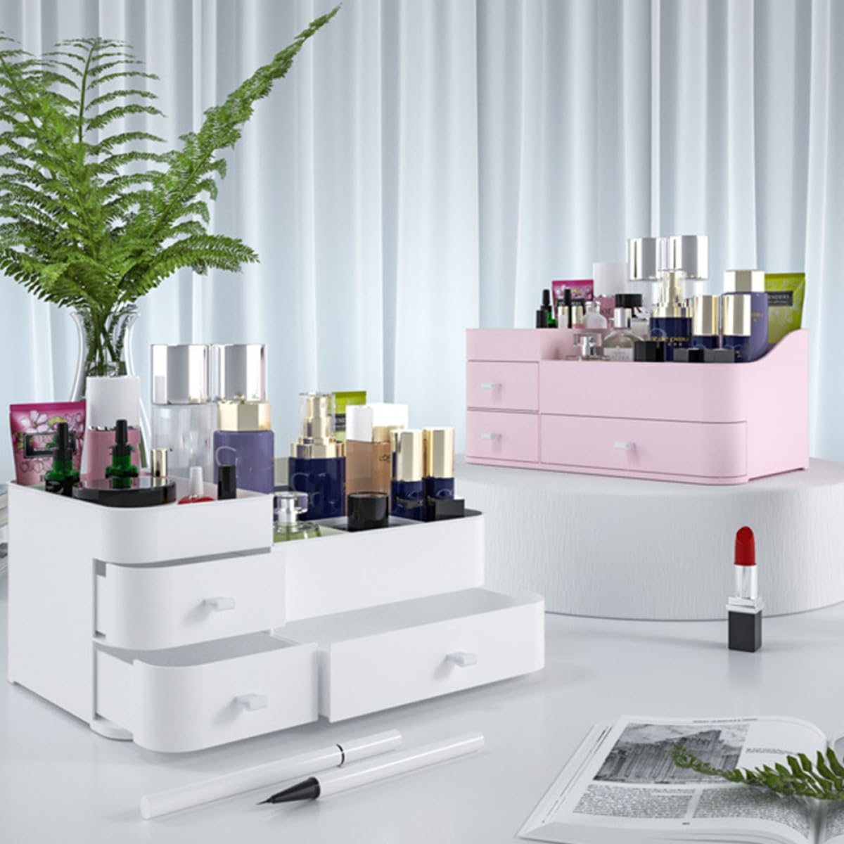 Gatuida Organizzatore per Trucco da Tavolo in Plastica Pp con Cassetti e Scomparti Multipli, Scatola Porta Cosmetici e Rossetti per Uso Domestico Bianco