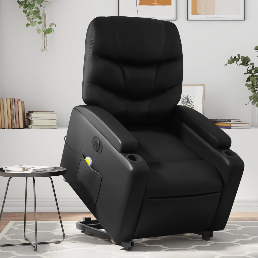 Sillón elevador eléctrico reclinable negro de piel sintética con 6 puntos de masaje, función de elevación y vibración, portavasos y bolsillo lateral