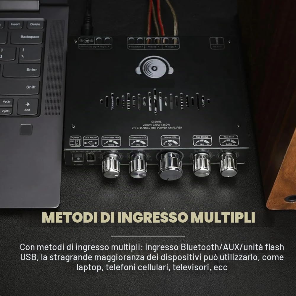 DollaTek Scheda amplificatore Bluetooth a 2.1 canali 220W × 2 + 350W Modulo amplificatore di potenza audio 12 V-38 V Supporto Controllo app Supporta USB Bluetooth Ingressi AUX da 3.5mm