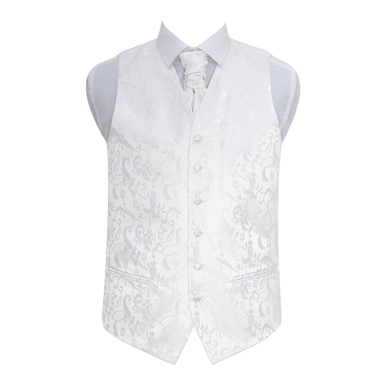 Dqt Men's White Woven Floral Passion Wedding Waistcoat & Scrunchie Cravat Set For - 36"-S