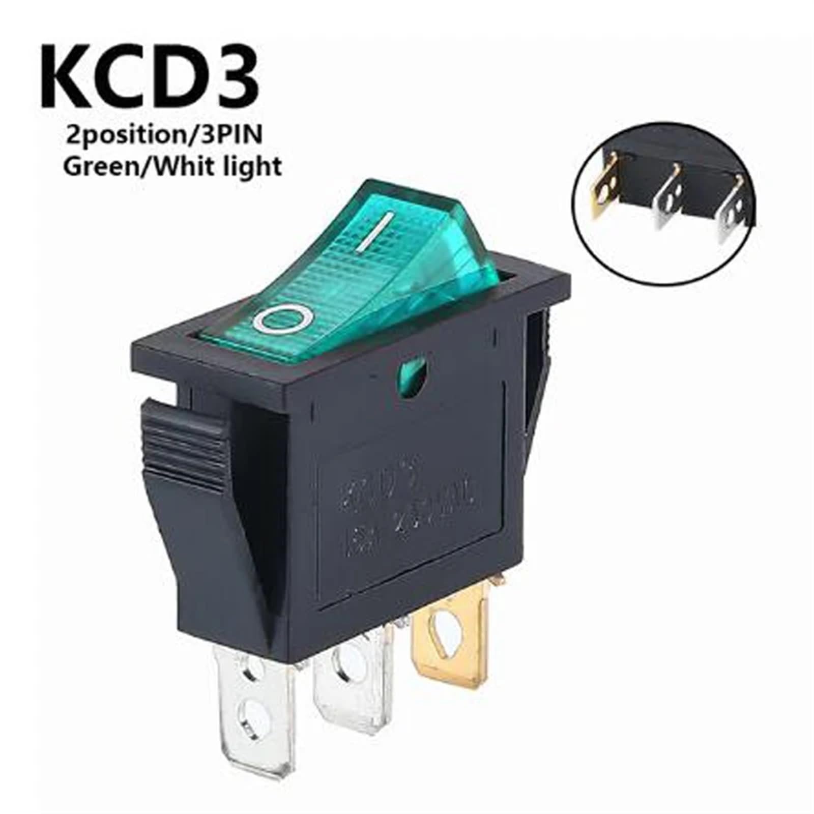Interrupteur à bascule KCD3, 2 positions, 3 broches, marche/arrêt, équipement électrique avec interrupteur d'alimentation lumineux, 16 A, 250 V/20 A, 125 V CA, 10 pièces(2D 3PIN Green)