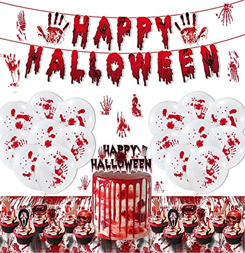 Decoración de Fiesta de Halloween, Globos de Halloween, Halloween Sangriento Banner Conjunto, Manos de Sangre Mantele, Globo con Huella de Huella de Mano ensangrentada, para Fiesta Indoor Outdoor Cover