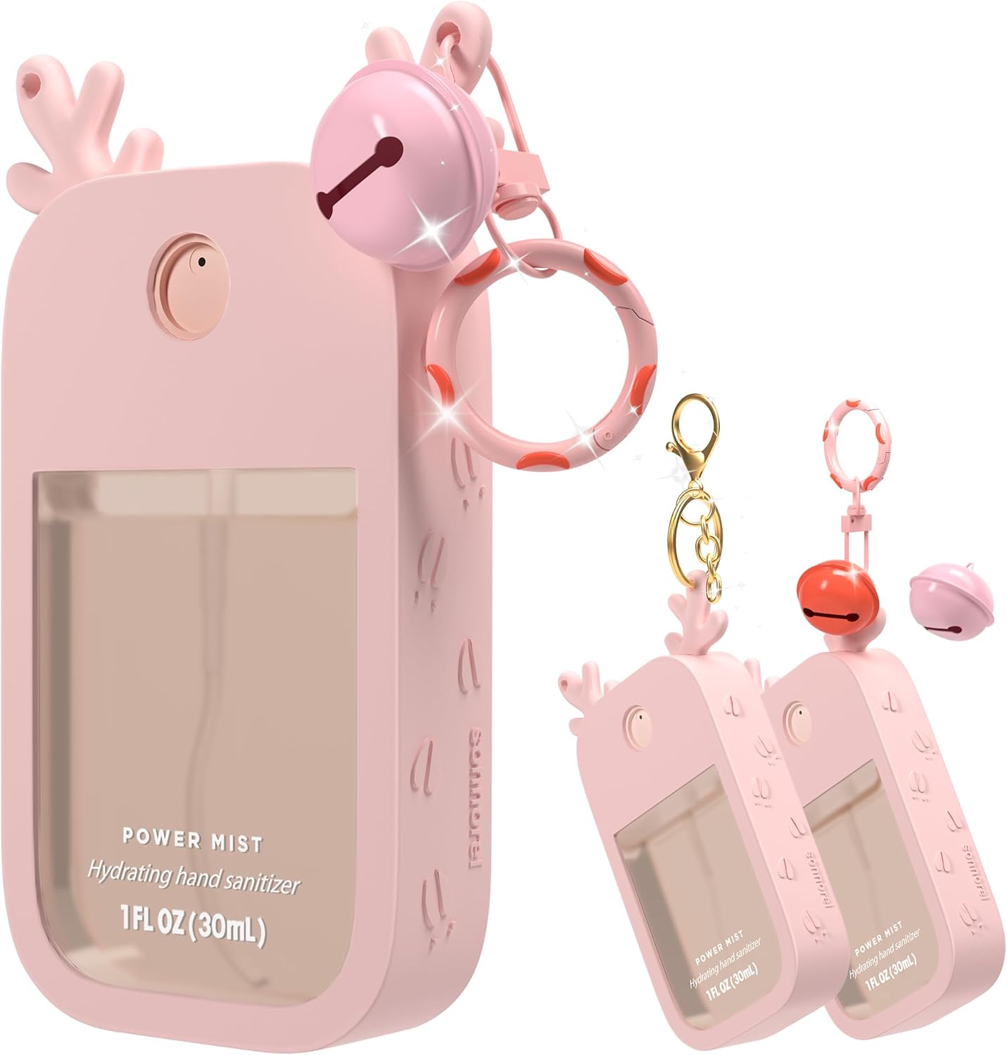1 Pack Elk Silicone Case Compatible with Touchland Hand Sanitizer Spray (Fit for 1 FL OZ/30 mL Ver), Portable keychain, Small Bell, Cute Deer Antlers (Pink)