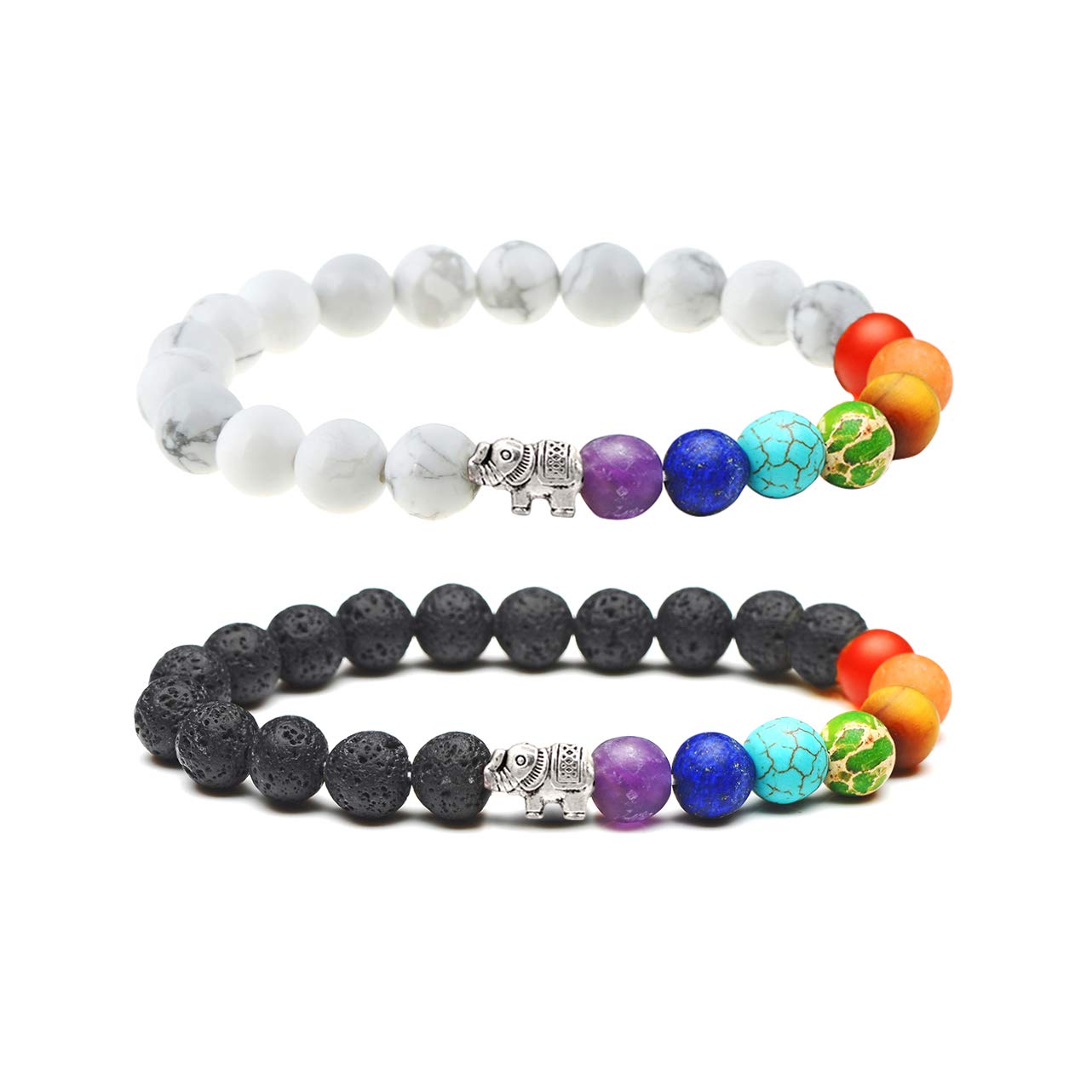 Aikooch Womens Healing Energy 7 Chakras Elephant Bead Bracelet For Yoga 2 Pieces