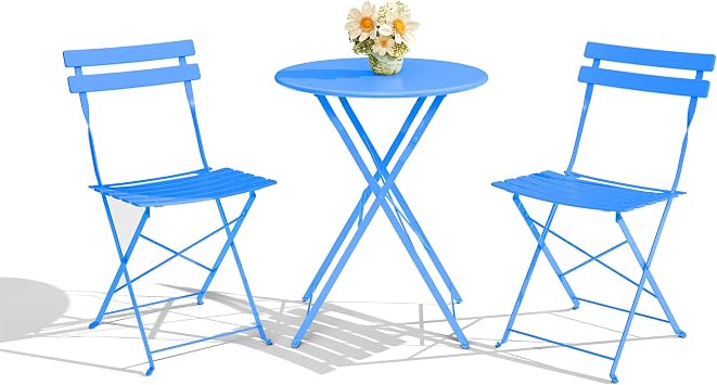 3 Piece Patio Bistro Set, Foldable Patio Furniture, Bistro Table and Chairs Set, Outdoor & Indoor Bistro Set for Patio Balcony Porch Poolside, Blue