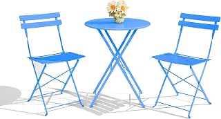 Premium Steel Frame Patio Bistro Set, 3-Piece Outdoor Folding Table and Chairs, Weather Resistant Conversation Sets of 2, Space Saving Patio Furniture for Backyard Balcony Porch Garden, Blue