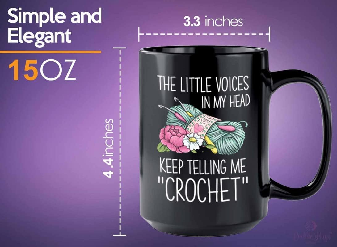 Crochet Coffee Mug 15oz Black - Little Voices Crochet C - Grandma Knitting Handmade Yarn Hobbies Craft Mother Sewing Doll Stitching