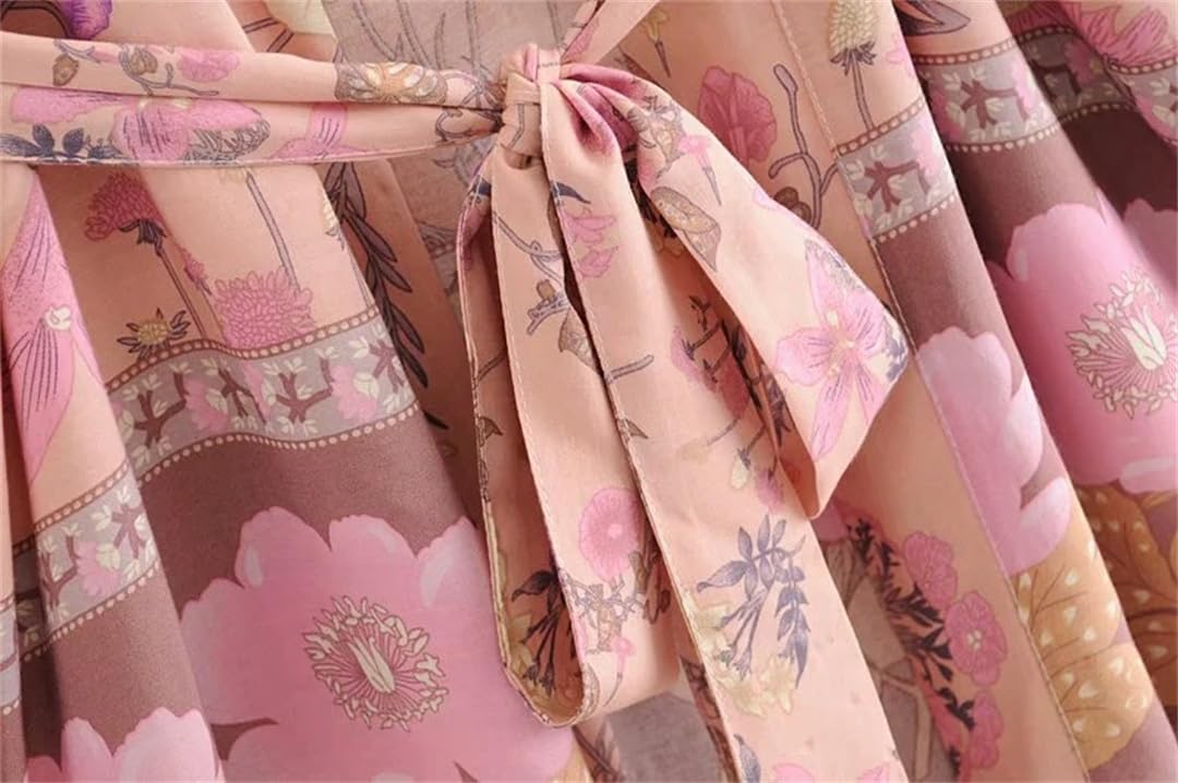 Disimlarl Kimono con estampado floral para mujer, vestido bohemio para playa, cuello en V, bandas, bata de bikini