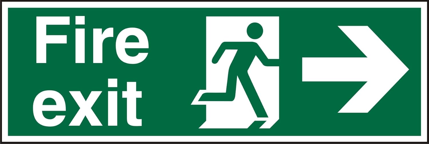 Seco Fire Exit - Cartello Fire Exit, Man Running Right, Arrow Pointing Down & Right, 450 mm x 150 mm – 1 mm, plastica semi rigida, bianco