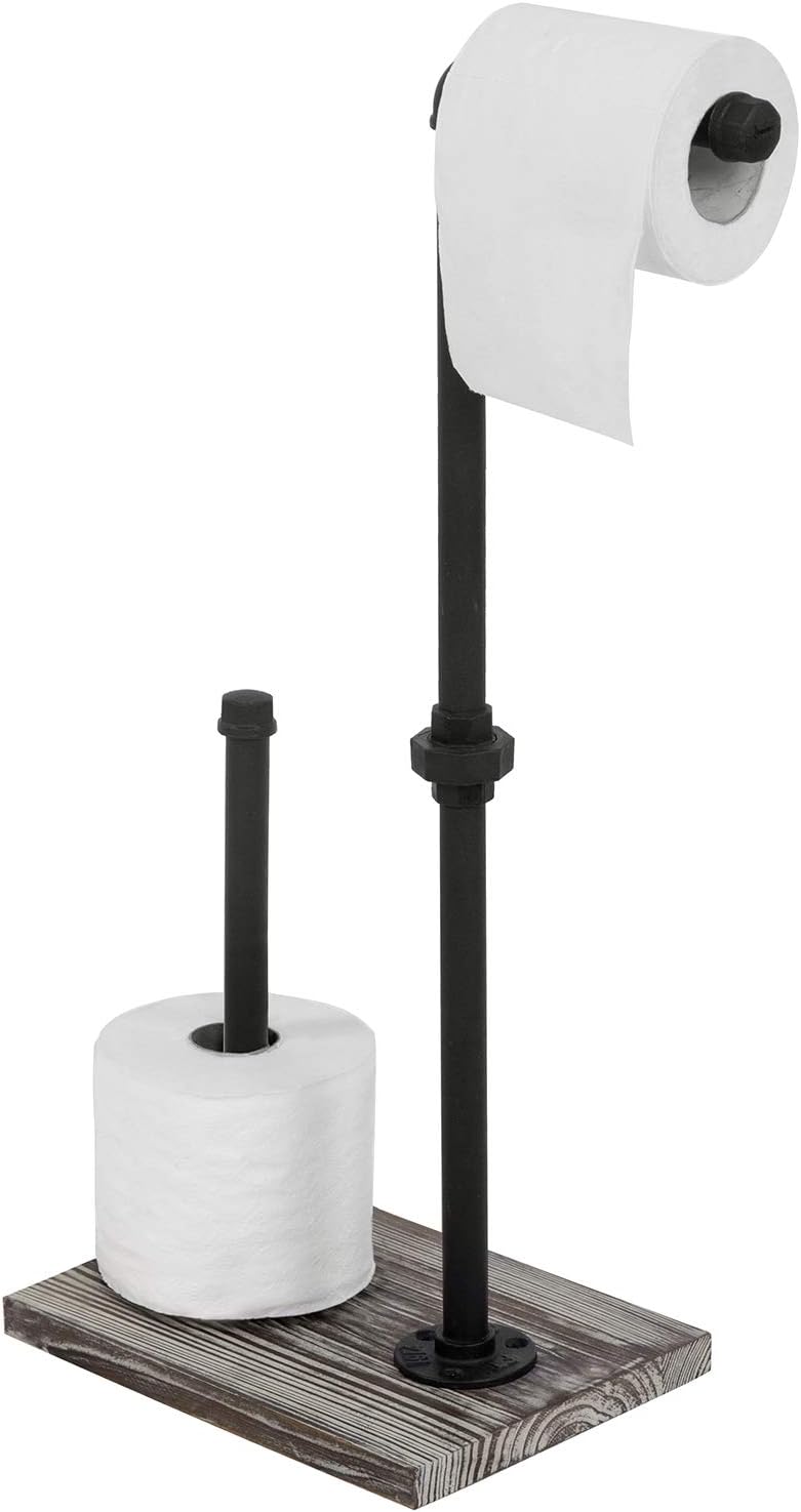 Best Deal Cheap 🛒 MyGift Industrial Pipe & Torched Wood Freestanding Bathroom Toilet Paper Holder Dispenser with Reserve Roll Stand Black Friday Clearance MyGift Industrial Pipe & Torched Wood Freestanding Bathroom Toilet Paper Holder Dispenser with Reserve Roll Stand