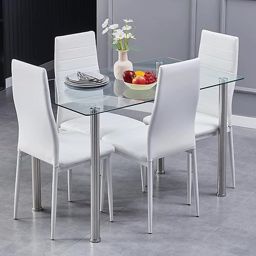 Miniatura 6 de Mesa de comedor rectangular de vidrio transparente de 47.2 pulgadas, mesa de cocina moderna con mesa de vidrio templado y marco de acero de metal