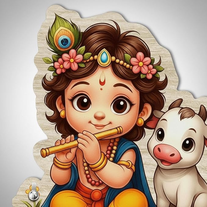 Image of JIVAY Baby Krishna Decorative Wall Mounted Key Holder for Home Wooden Key Hanger with 7 Hooks Designer Key Stand for Living Room, Entrance & Office (Baby Krishna Key Holder) Pack 2