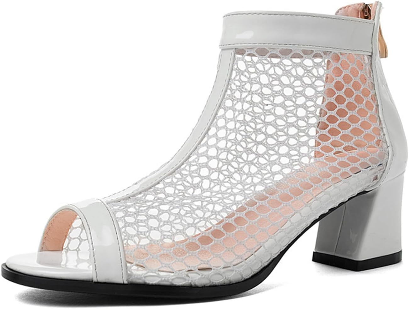 Womens Mesh Peep Toe Mid Block Booties Sandals Breathable Hollow Out Fashion Back Zip Round Toe Chunky Heel Roman Sandals For Party Vacation Prom Casual