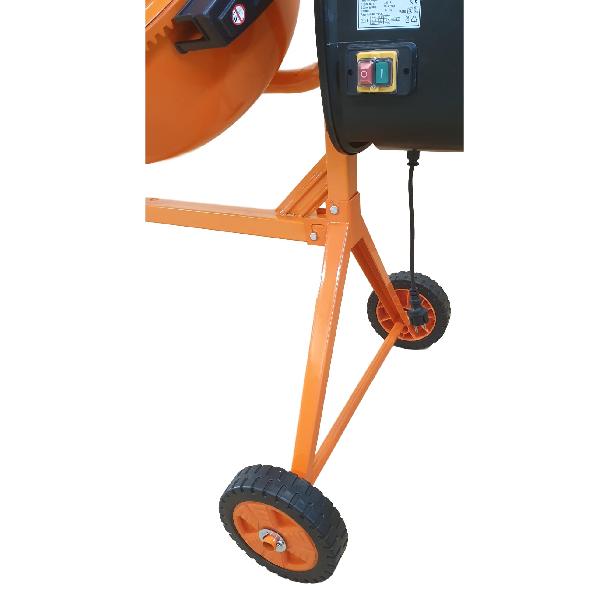 Betonmischer BAU200, 200L Trommel, 1050W Motor, Orange, Stahlrahmen mit Metall-Zahnkranz, Kunststoffräder, Kipp-Handrad