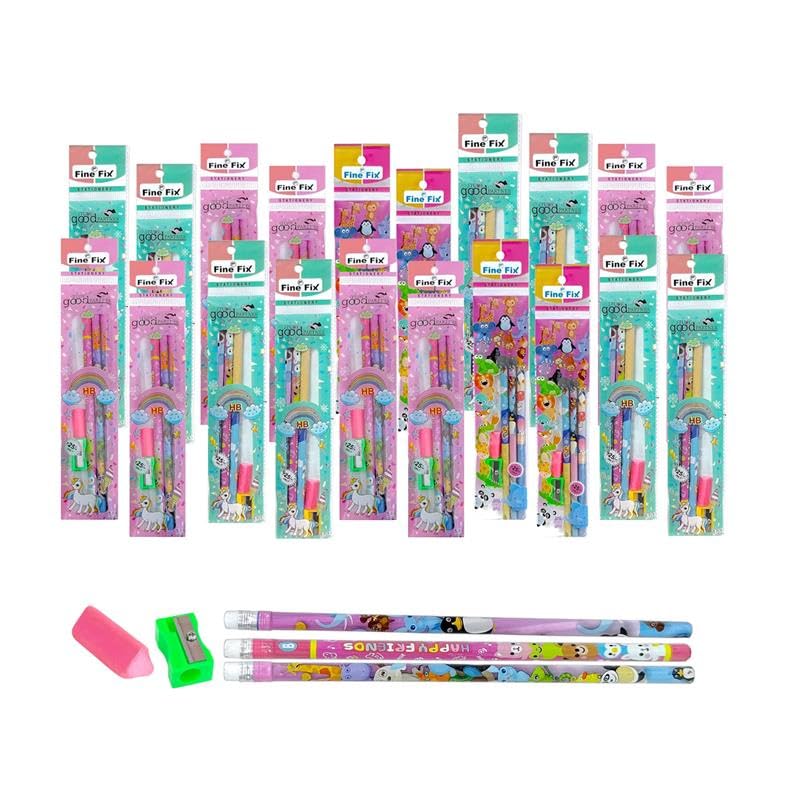 Image of 3 Pcs Pencil Set with Eraser, Sharpener & Extra Eraser for Kids | Stationery Kit for Boys & Girls (Age 3-15 Years) | School Supplies & Birthday Return Gift - Pack of 20