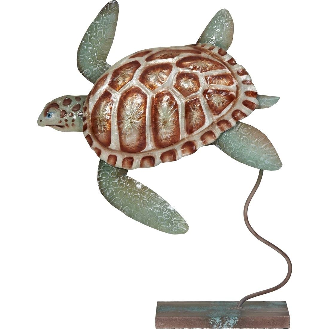 HS Seashells Metal & Capiz Home Décor Sculpture, Loggerhead Turtle on Stand 14"x10" - Metal & Capiz Art, Small Statue, Nautical Décor, Coastal Home Decoration