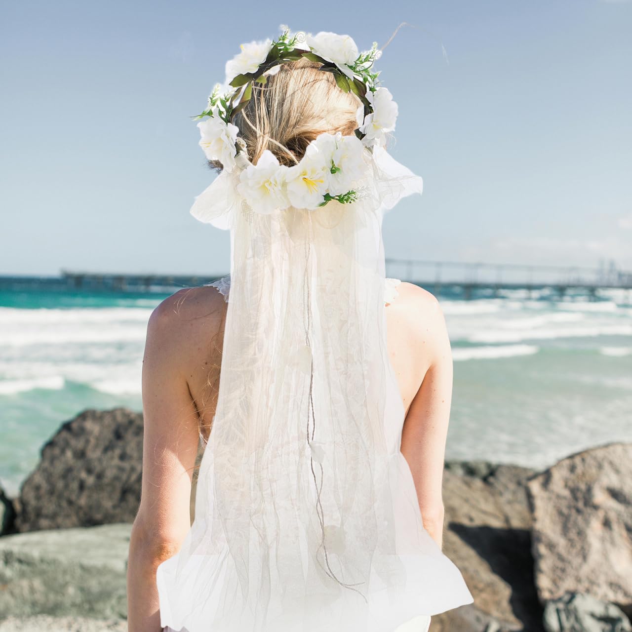 FRCOLOR Bridal Flower Crown with Veil White Floral Headband Wedding Hair Accessory Beach Party Bachelorette Shower Headdress for Women - Image 3
