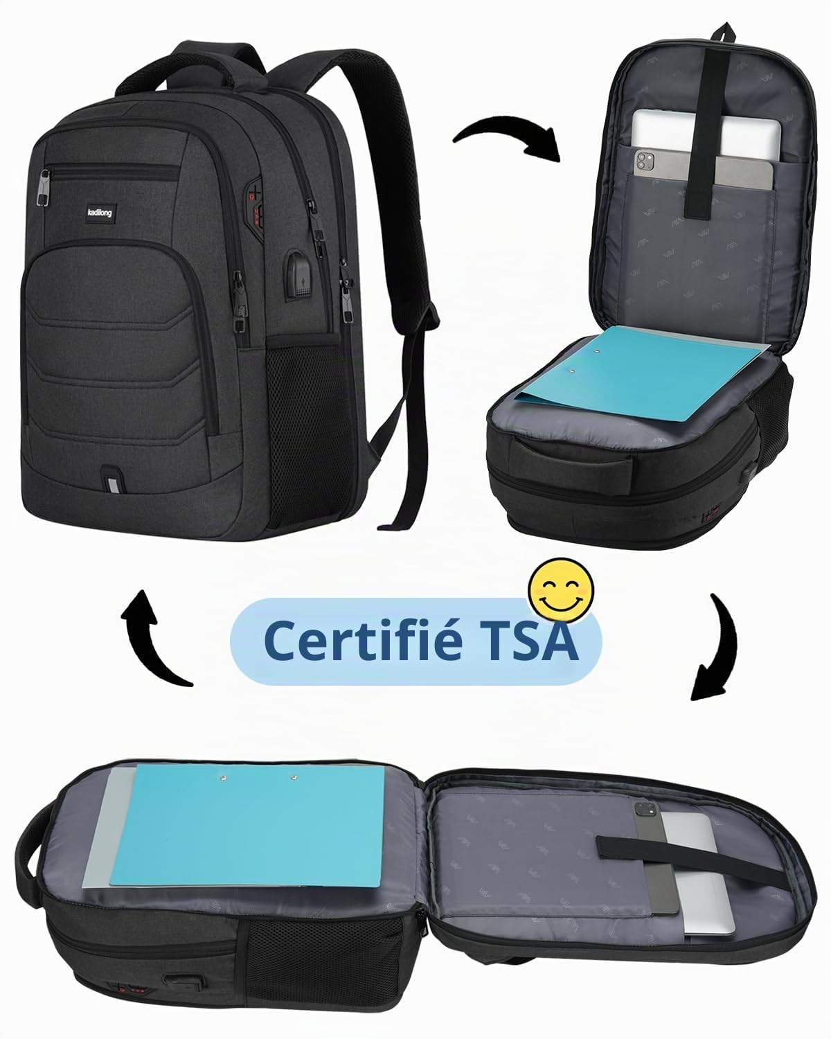 Sac à Dos Ordinateur Portable 15.6 Pouces Femme Homme Fonctionnel,Sac École Garçon PC Portable avec USB Charging Port Imperméable Antivol pour Collège Affaire Scolaire Lycée Business Travail,Noir